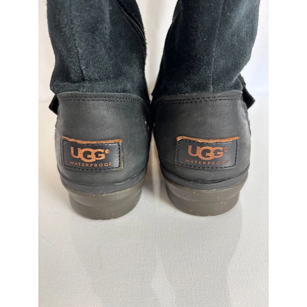 UGG Elsa Waterproof Black Leather Suede Tall Boots Womens 8.5 Moto Equestrian